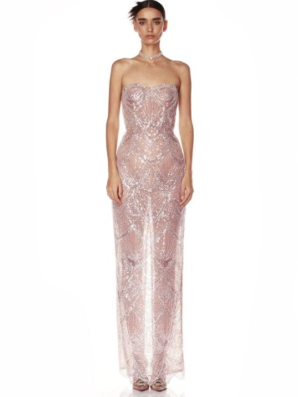 Bronx Banco Giselle Blush Nude Scallop Sequin Strapless Maxi Gown NWOT